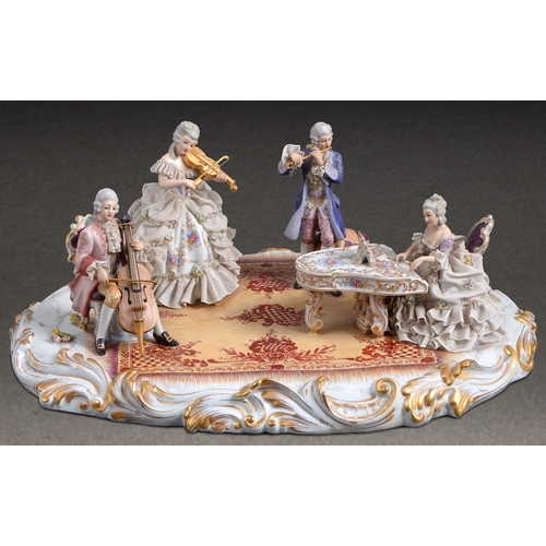 308 - An Italian porcelain group of musicians, mid 20th c, on scrolling marble painted base, 51cm w, paint... 