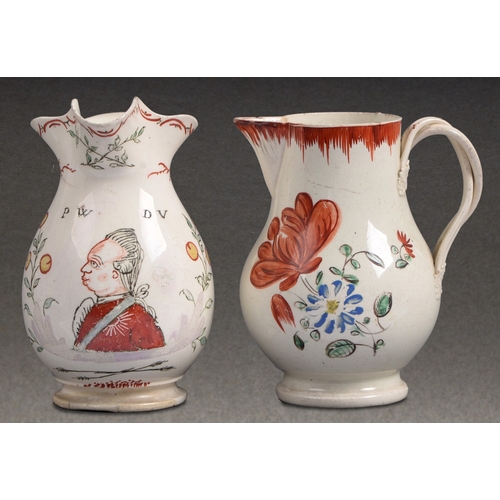 310 - A Leeds creamware milk jug, c1787, Dutch decorated with Prince William V of Orange and scattered spr... 
