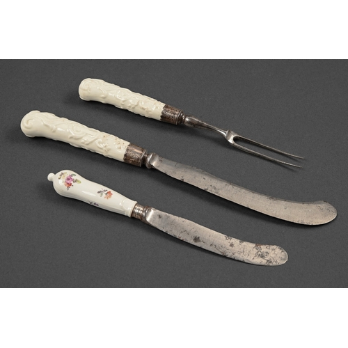 314 - A Bow porcelain hafted knife and fork, c1750-1755, of pistol grip form, the white glazed hafts mould... 