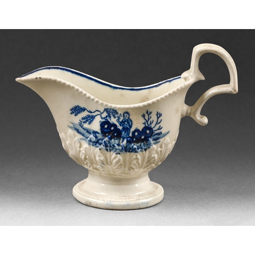 316 - A Liverpool blue and white pedestal sauceboat, John or Jane Pennington, c1785-1794, with acanthus mo... 
