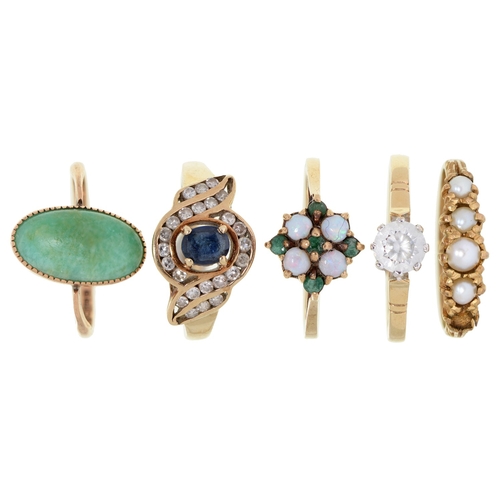 59 - Five gold rings, variously gem set, 11.1g, various sizes