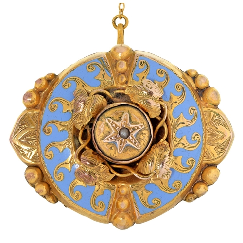 64 - A Victorian gold and lavender blue enamel brooch, 4.1cm w, 10g