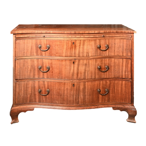 677 - A George III mahogany serpentine chest of drawers, with brushing slide and bracket feet, 86cm h; 113... 