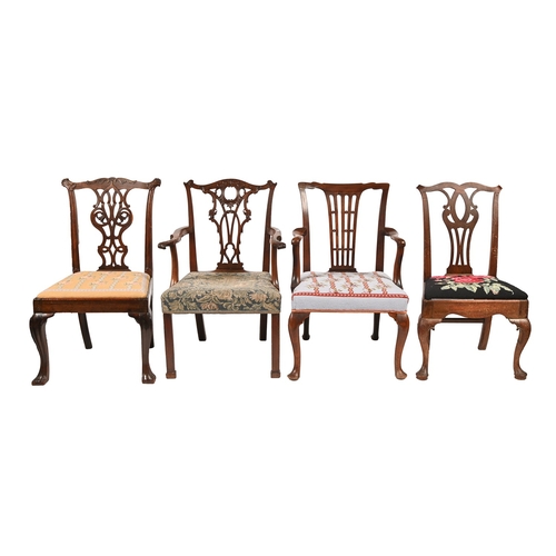 683 - A George II mahogany elbow chair, with carved and pierced splats and carved arms, seat height 46cm, ... 
