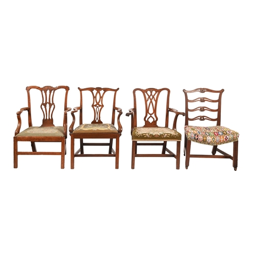 683 - A George II mahogany elbow chair, with carved and pierced splats and carved arms, seat height 46cm, ... 