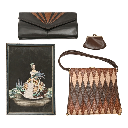 145 - A vintage snakeskin and brown leather handbag, c1960s, 25cm w, a contemporary Italian leather and sn... 