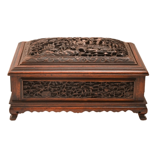146 - A South East Asian carved and stained wood casket, 20th c, the lid and four sides with intricate sce... 