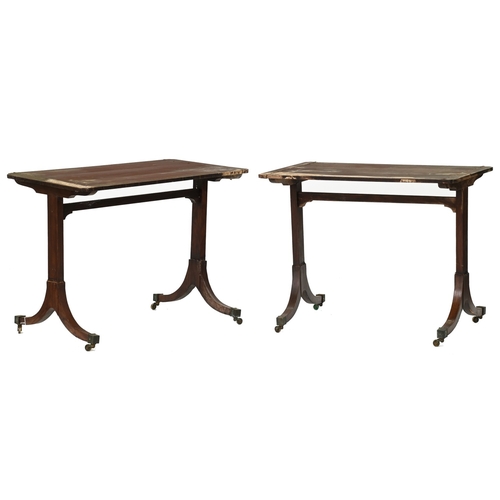 385 - A pair of Regency grained rosewood and penwork stretcher tables,&nbsp;the rectangular top with incur... 