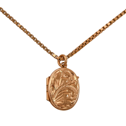 19 - A 9ct gold engraved oval locket, 1.7cm h, Birmingham 1982, on 9ct gold chain, 7.2g