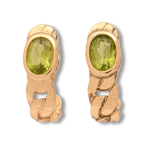 28 - A pair of peridot earrings, in 9ct gold with single oval collet, 1.7cm h, marks obscured, 2.7g... 