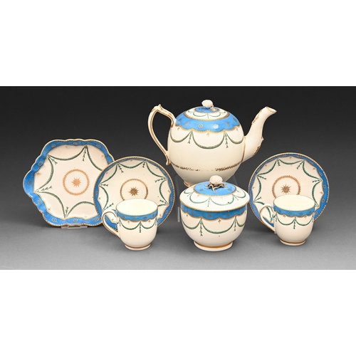 306 - A Chelsea-Derby tea service, c1770,&nbsp;painted with swagged laurels suspended from a broad pale bl... 