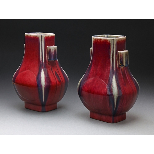 307 - Two Chinese flambé vases, Fanghu, incised Tongzhi 6 character mark and of the period (1862-1874), mo... 