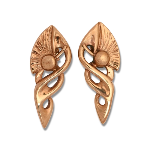 36 - A pair of 9ct gold pierced palmette earrings, 2.3cm h, marks obscured, 3.6g