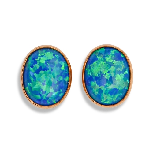 38 - A pair of oval black opal earrings, in 9ct gold, 1.1cm, part marked, 2.1g