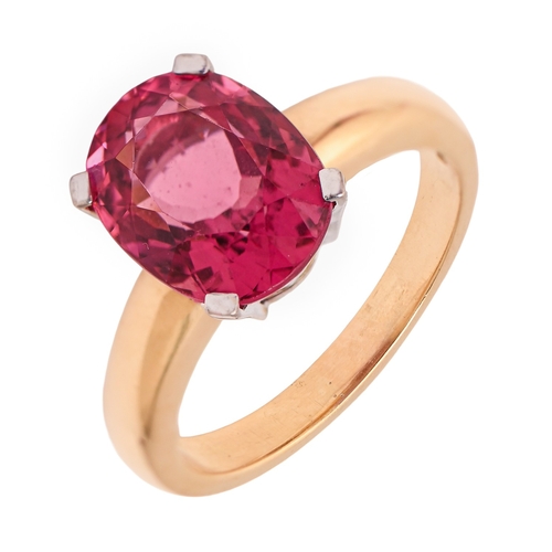 47 - A pink tourmaline ring, the cushion-shaped tourmaline of approx 5.75ct, in 18ct gold, 8.9g, size R... 