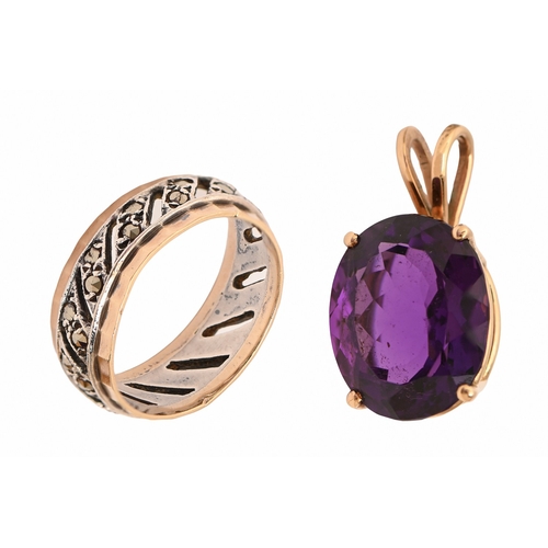 49 - An amethyst pendant, in gold, 2.5cm h, 4g and&nbsp; a marcasite ring (2)