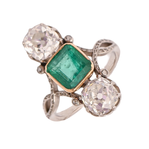 58 - A French emerald and diamond ring, early 20th c, the step cut emerald of approx 2.5ct flanked by two... 