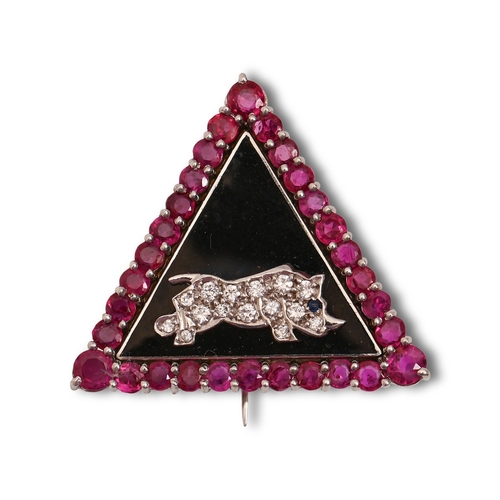 68 - A ruby, diamond and black onyx triangular brooch, in 18ct white gold, 2.2cm, London 1986, 7.8g... 