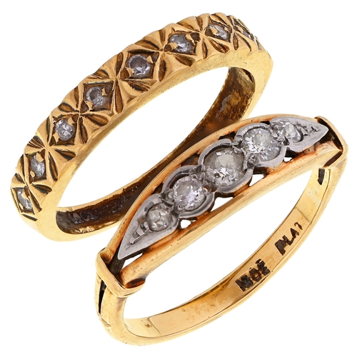 14 - A diamond ring, with five irregular old cut diamonds graduated from the centre, gold hoop marked 18c... 