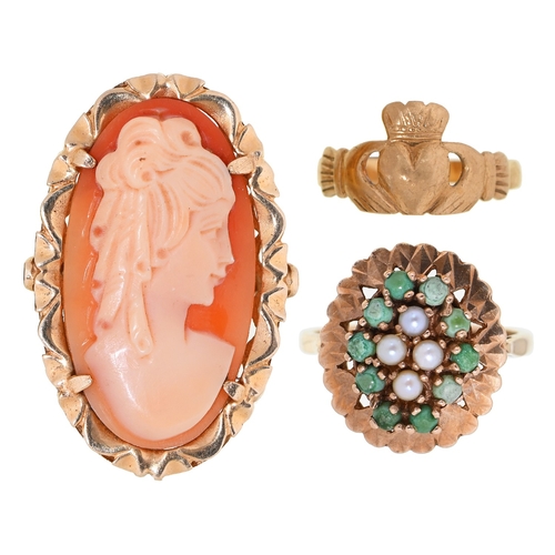 17 - A gold Claddagh ring, Convention marked, a turquoise and split pearl ring and a cameo ring, both in ... 