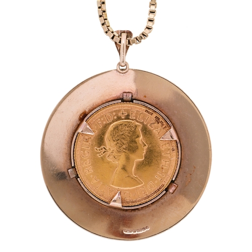25 - Gold coin. Sovereign 1963, mounted in a 9ct gold sun ray pendant, on gold chain marked 9K, 22.2g... 