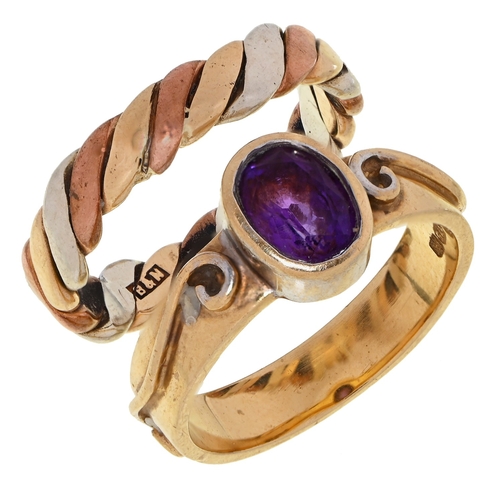 7 - A 9ct three-colour gold ring and an amethyst ring, in 9ct gold, 7.3g, size L