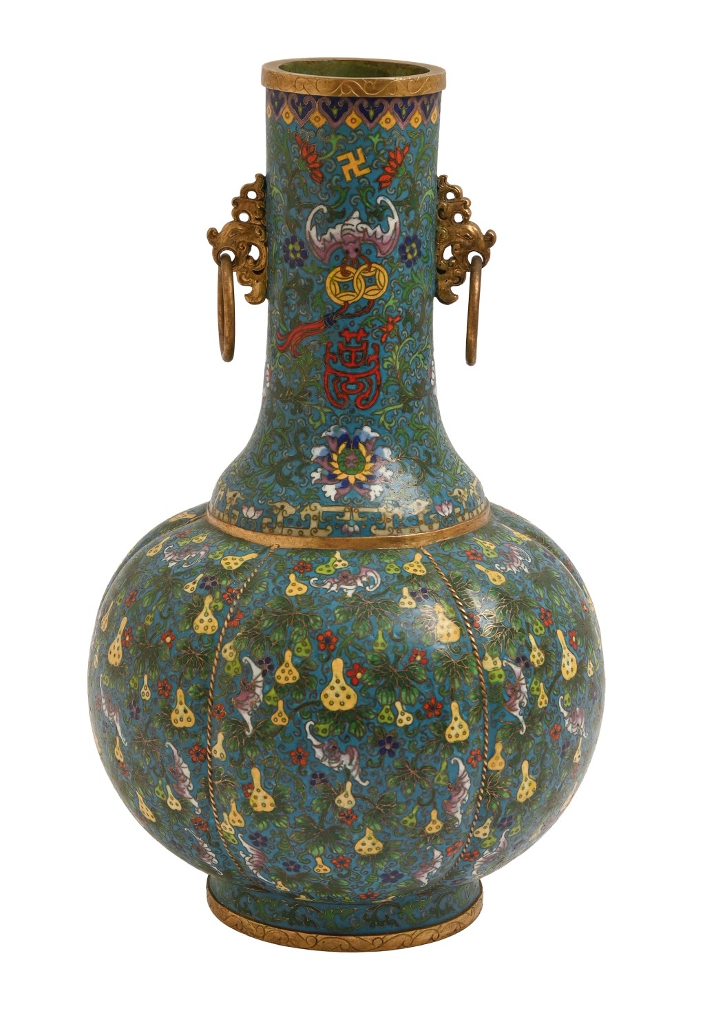 A Chinese cloisonné bottle vase, 19th c, the lobed ovoid body with bats ...