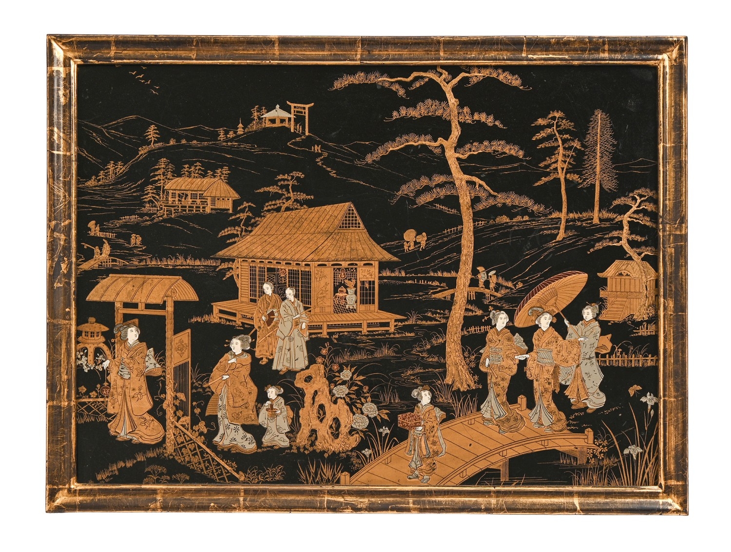 A black lacquer panel, late 19th c, gilt with a Japanese-style scene ...