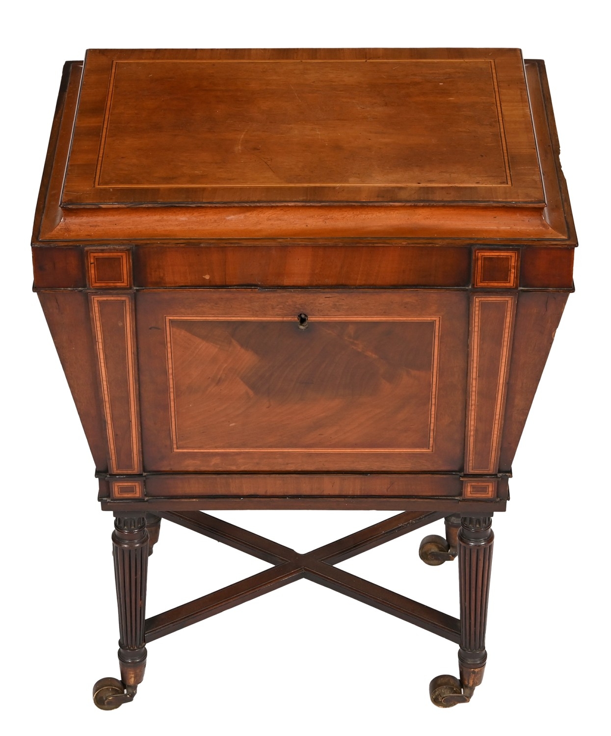 A Regency mahogany and satinwood line inlaid cellarette, of sarcophagus ...