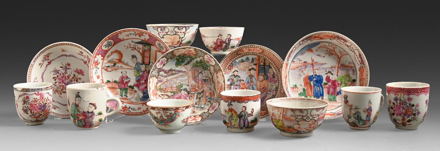 A Chinese famille rose teacup, Qianlong, enamelled with a man holding a ...