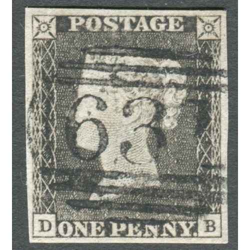 11 - 1d Grey Black (DB) Plate 1a in a worne plate cancelled by an 
 upright 