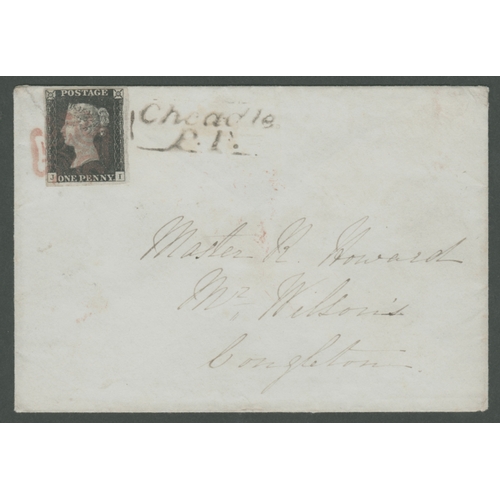 19 - 1d Black (JI) Plate 1b (clearly shows the re-entry) used on cover
 from Manchester 5th Feb 1841- sho... 