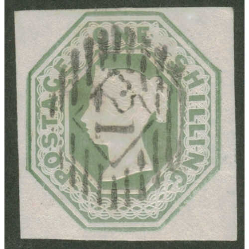 219 - 1/- Green Embossed very fine neatly cancelled with 4 good to large margins
Clean sound and pleasing ... 