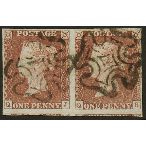 22 - 1841 1d Red (Qj-QK) Plate 1b a horiz pair each cancelled by a good MX-
 4 close to mainly large marg... 