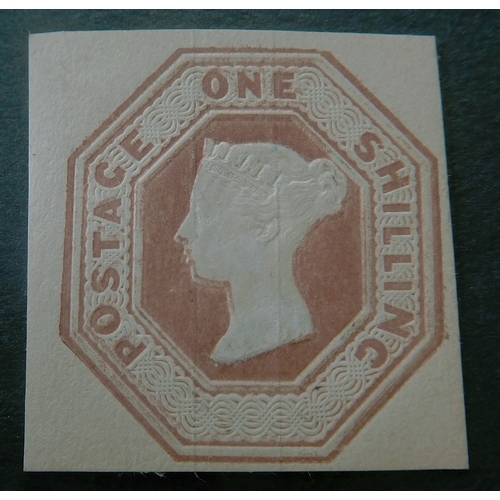 221 - 1847 1/- Embossed essay in Brown (without pendant) on Dickinson printed 
paper- Fine with original g... 