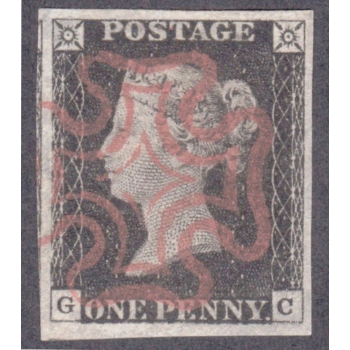 25 - 1d Black (GC) Plate 2- superb used cancelled by a lovely bright upright Red MX
4 wide to large margi... 