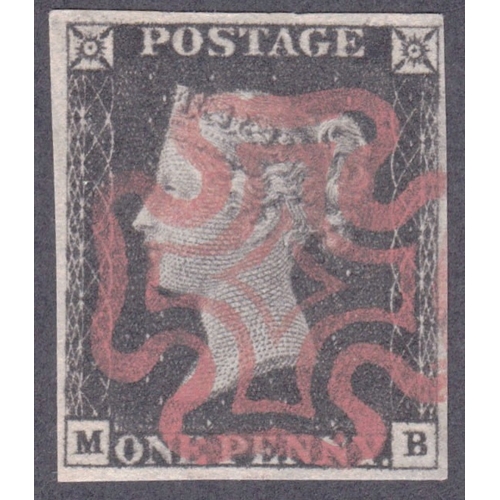 26 - 1d Intense Black (MB) Plate 2 - Superb used cancelled by a lovely bright  upright
 scarlet Red MX- 4... 