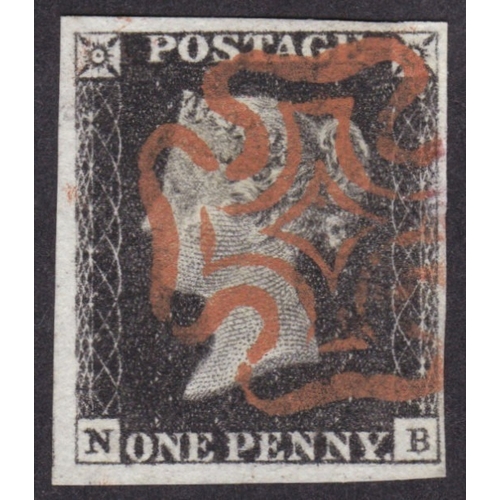 31 - 1d Intense Black (NB) Plate 3.  Nicely cancelled by a fine bright Red 
 4 good to large margins- unu... 