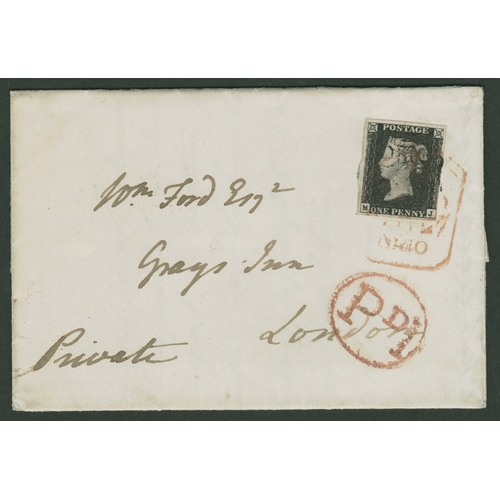 38 - 1d Black (MJ) Plate 4 used on cover cancelled by both Black MX 
together  with part Red London Tombs... 