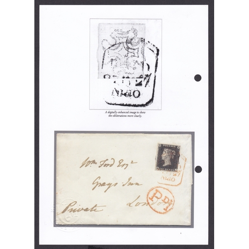 38 - 1d Black (MJ) Plate 4 used on cover cancelled by both Black MX 
together  with part Red London Tombs... 