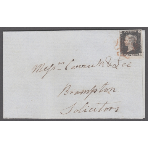 48 - 1d Black (TG) Plate 6 - used on entire from  Malton Whistle (script address on letter heading)-
 Sta... 