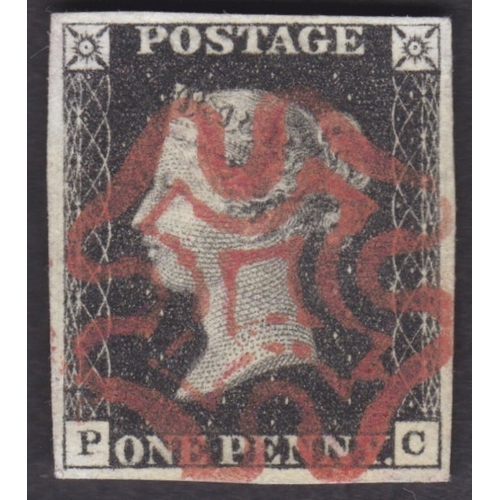 52 - 1d Black (PC) Plate 7  Superb used cancelled by a super  bright Crimson Red MX  - 
4 good even margi... 