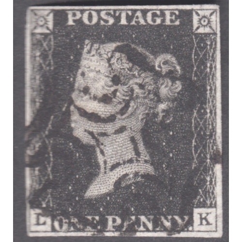 54 - 1d Black (LK) Plate 8 on thin paper- Fine used cancelled by a neat Black mX-
 4 clear to good margin... 