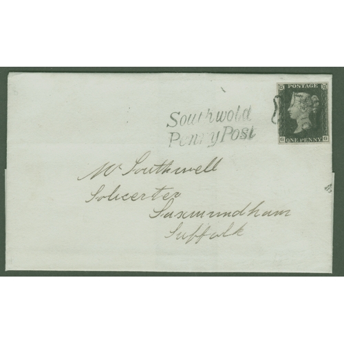 57 - 1d Black (GG) Plate 8 used on cover showing a fine Southwold  Penny Post beside stamp
 which has 4 g... 