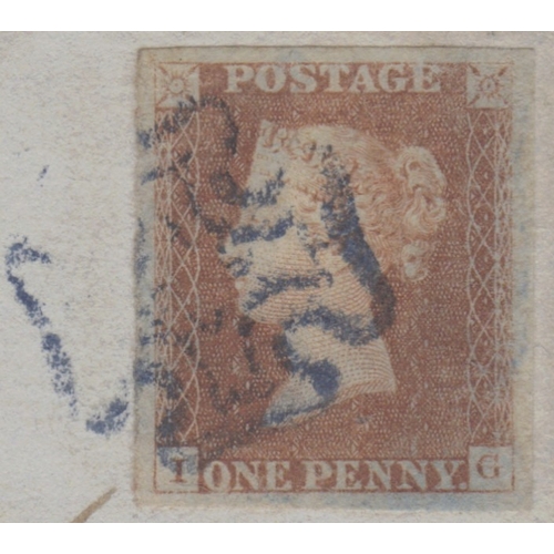 59 - 1d Red (IG) Plate 8 used on cover from Truro cancelled by a Blue MX
Stamp with 4 large margins - Cov... 