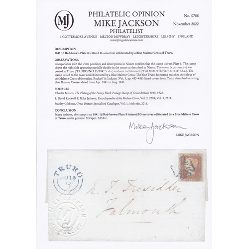 59 - 1d Red (IG) Plate 8 used on cover from Truro cancelled by a Blue MX
Stamp with 4 large margins - Cov... 