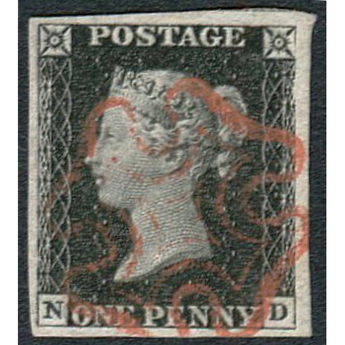 14 - 1d Black (ND) Plate 1b (Retouched check letters)-
 Very Fine with 4 good to large margins-Neat Red M... 