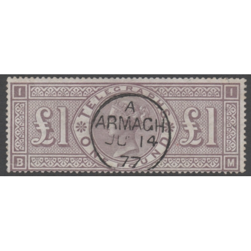 278 - 1876 £1 Brown Lilac  Telegraph Stamp- Superb used cancelled bya fine
upright Armagh CDS-Very attract... 