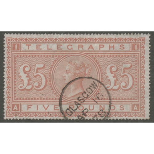 280 - £5 Orange Telegraph Stamp- Very Fine used cancelled by single small
 Glasgow CDS - scarce as such (w... 