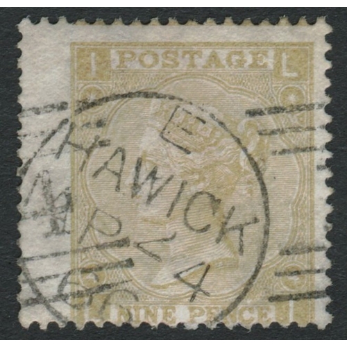 46 - 1865-67 9d Straw Pl.4 Wk Emblems- Fine used cancelled by
Hawick CDS+ part bars-A difficult stamp to ... 